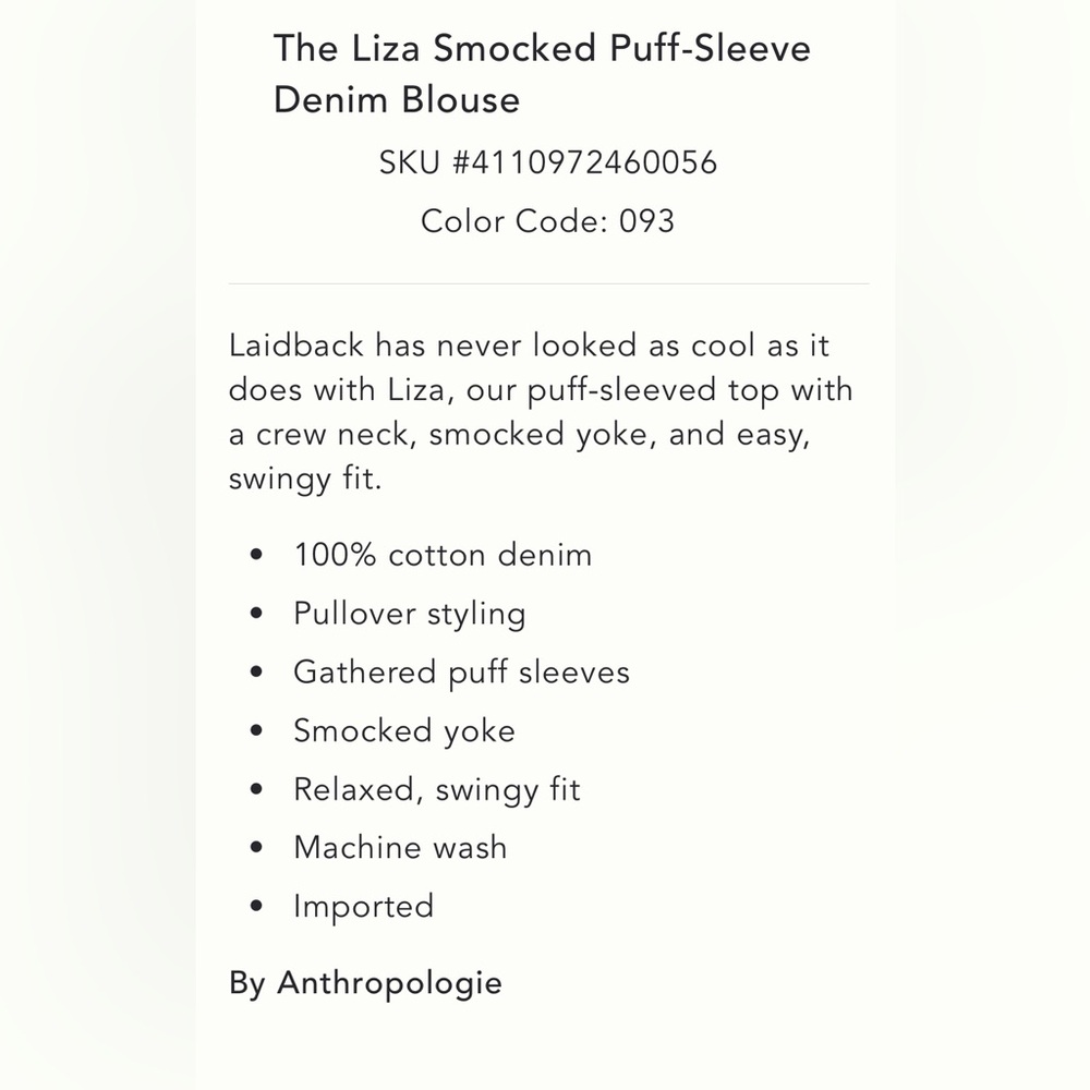 Anthropologie Women's Blue Liza Smocked Top with puff sleeves Large - Picture 6 of 9